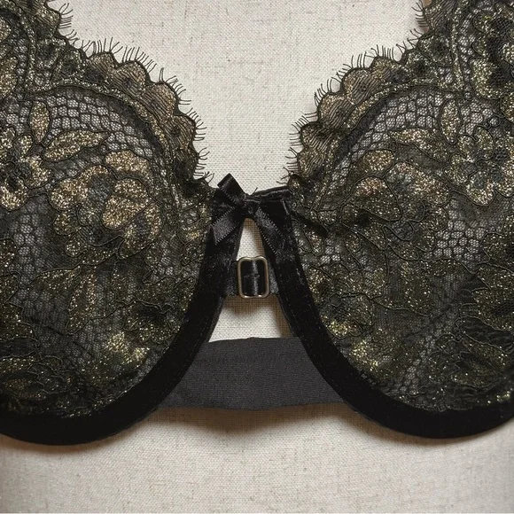 Cacique Unlined Balconette Bra 46C Black & Gold Lace Underwire - Picture 3 of 9